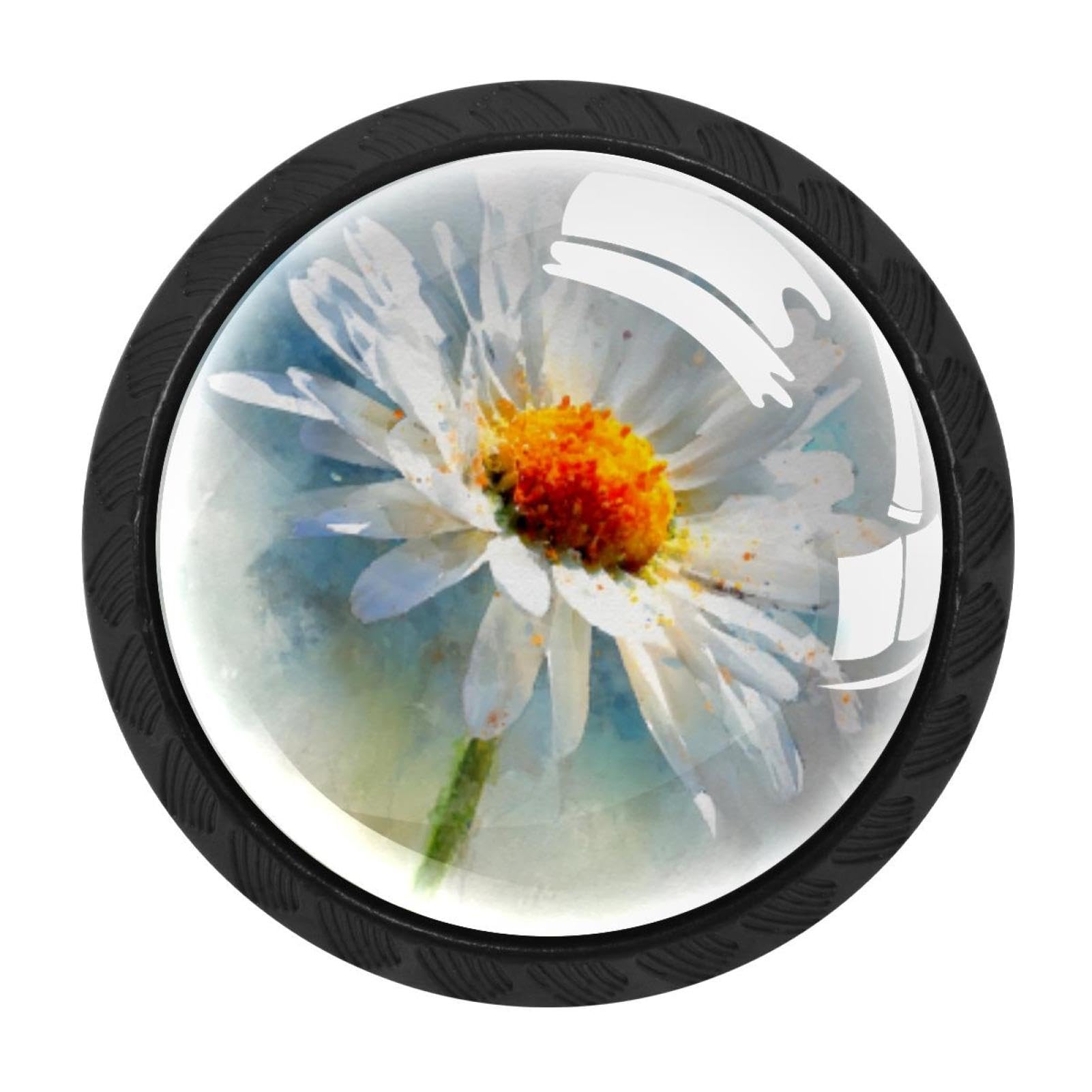CHENZZZZ 4 Pieces Watercolor White Daisy Flower (1) Drawer Knobs, 35mm Black Cabinet Knobs, Drawer Pulls and Knobs, Dresser Drawer Knobs, Cabinet Hardware Kitchen Cabinet Knobs