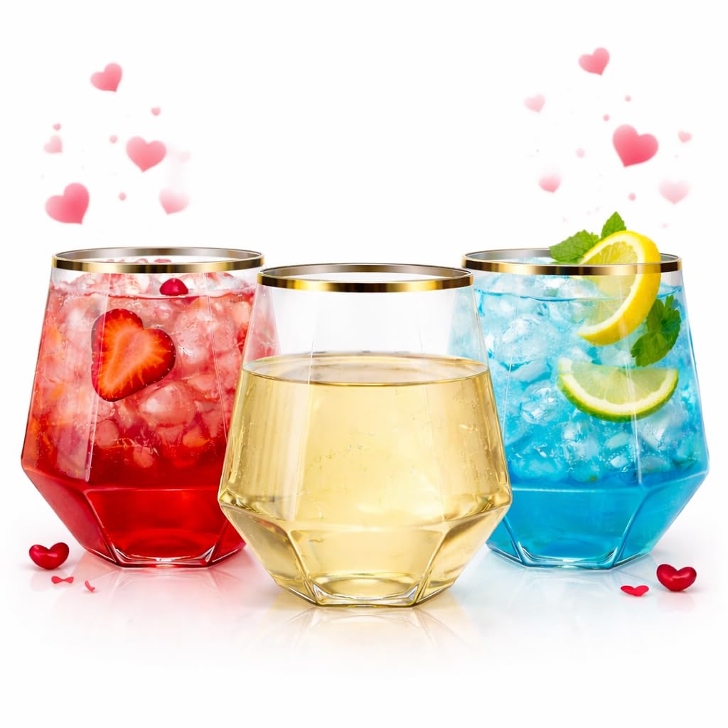 Oojami 40 count Diamond Unbreakable Stemless Plastic Wine Champagne Whiskey Glasses Elegant Durable Disposable Indoor Outdoor Ideal for Home, Office, Bars, Wedding, 12 Ounce Cups Gold Rim (Gold)
