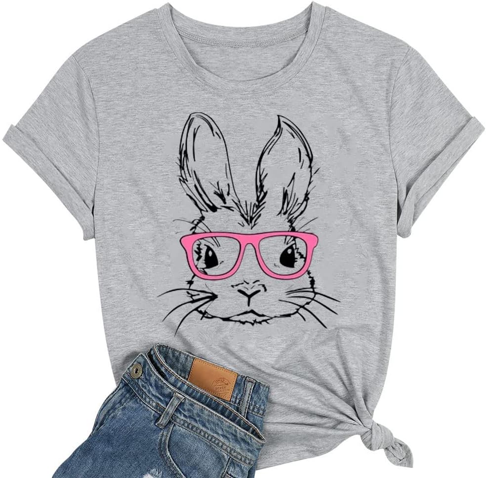 OvazlyFunny Bunny Print T Shirt for Women Cute Grapic Leopard Shirts Family Blouse Gifts Easter Tops Tee