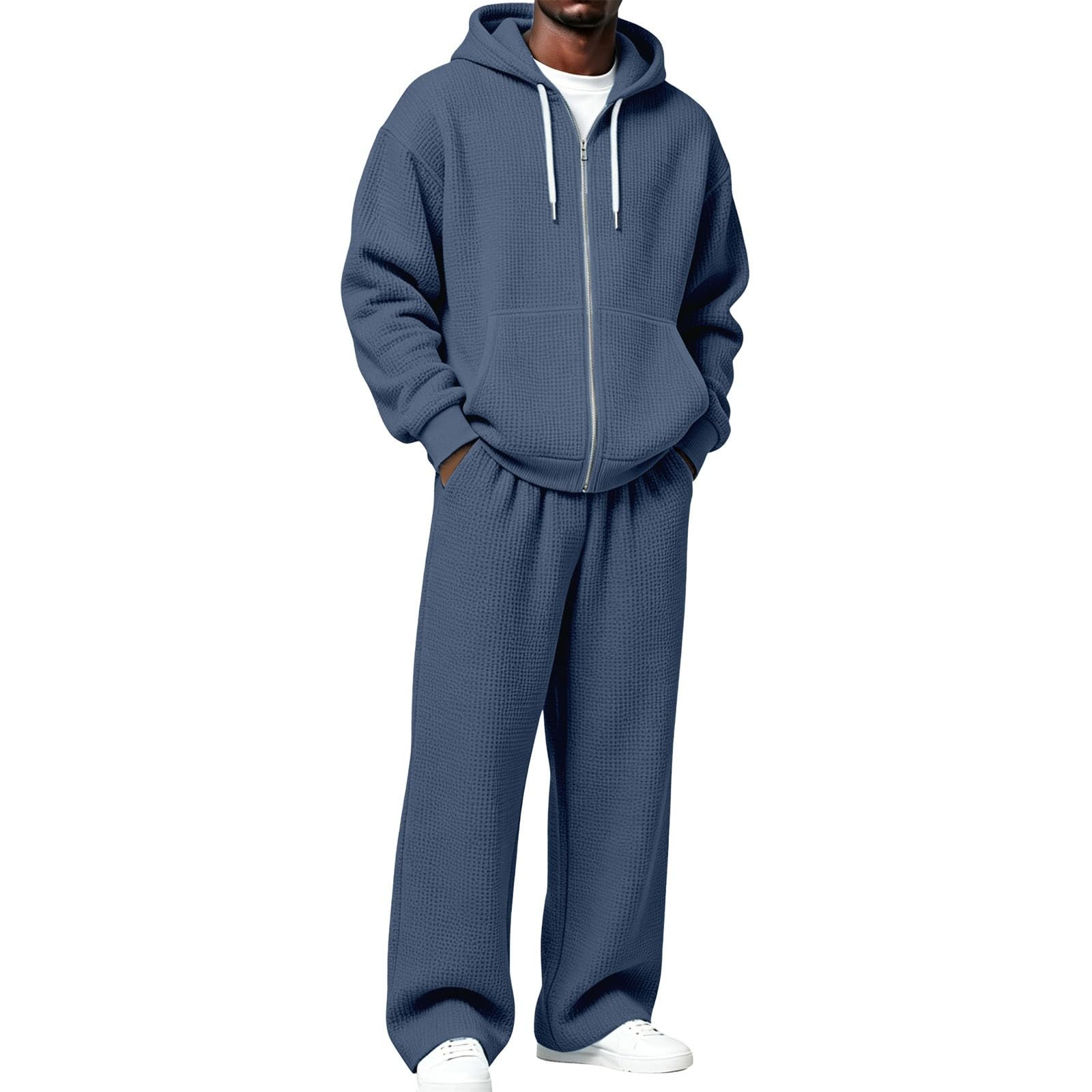 Generisch Jogginganzug Herren Waffelmuster 2 Teiler Trainingsanzug Zweiteiler Männer Hoodie und Baggy Jogginghose Casual Tracksuit mit Taschen Y2K Jogging Anzug Set