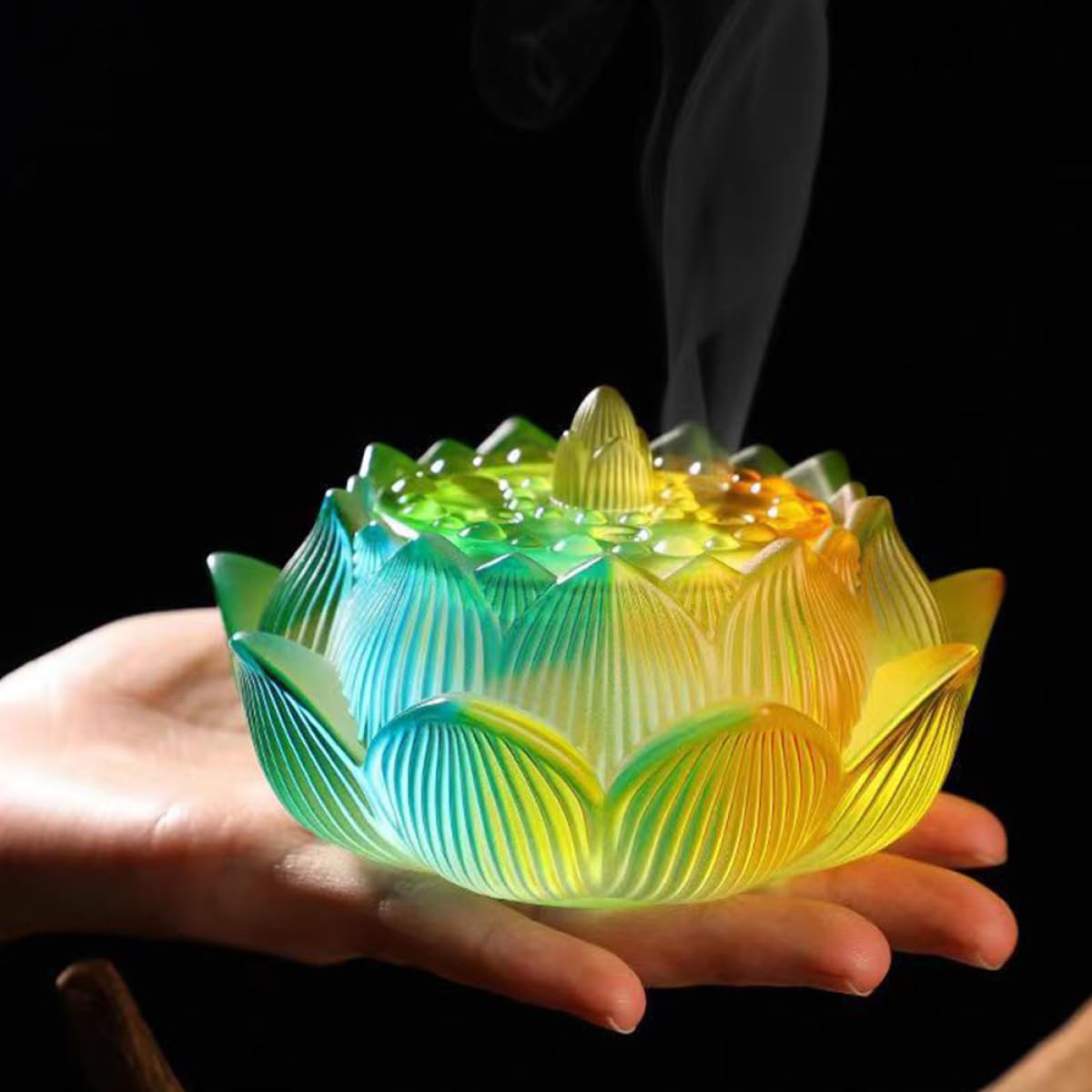 Veemoon Bruciatore di Incenso la Casa in Vetro a Forma di Loto Coperchio, Ornamento da Tavolo Centrotavola Decorativo per Ambienti Interni e Aromaterapia