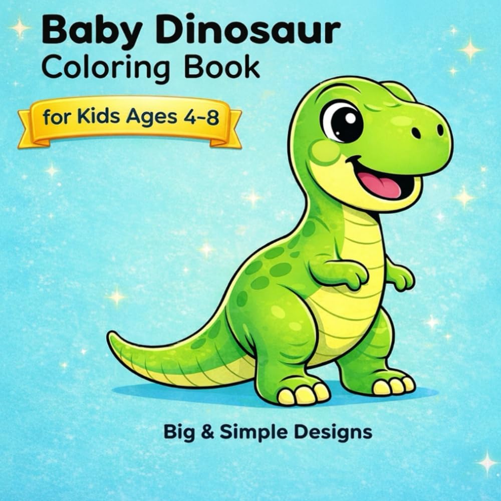 Baby Dinosaur Coloring Book: Cute and Easy Dino Coloring Pages for Kids Ages 4–8 with 30 Fun Designs + 1 Bonus Drawing Page