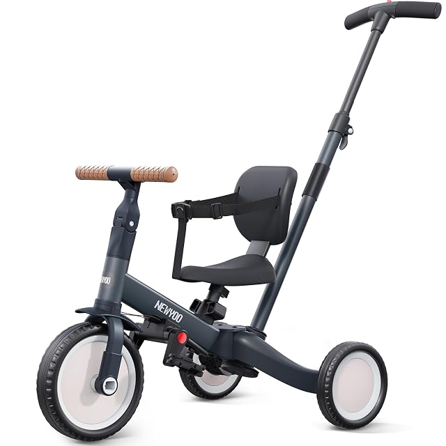newyoo TR007 Triciclo Evolutivo 5 en 1 para Bebé 1-3 Años con Barra de Seguridad y Empuje, Regalo Infantil con Pedales y Modo Bicicleta, Gris Oscuro