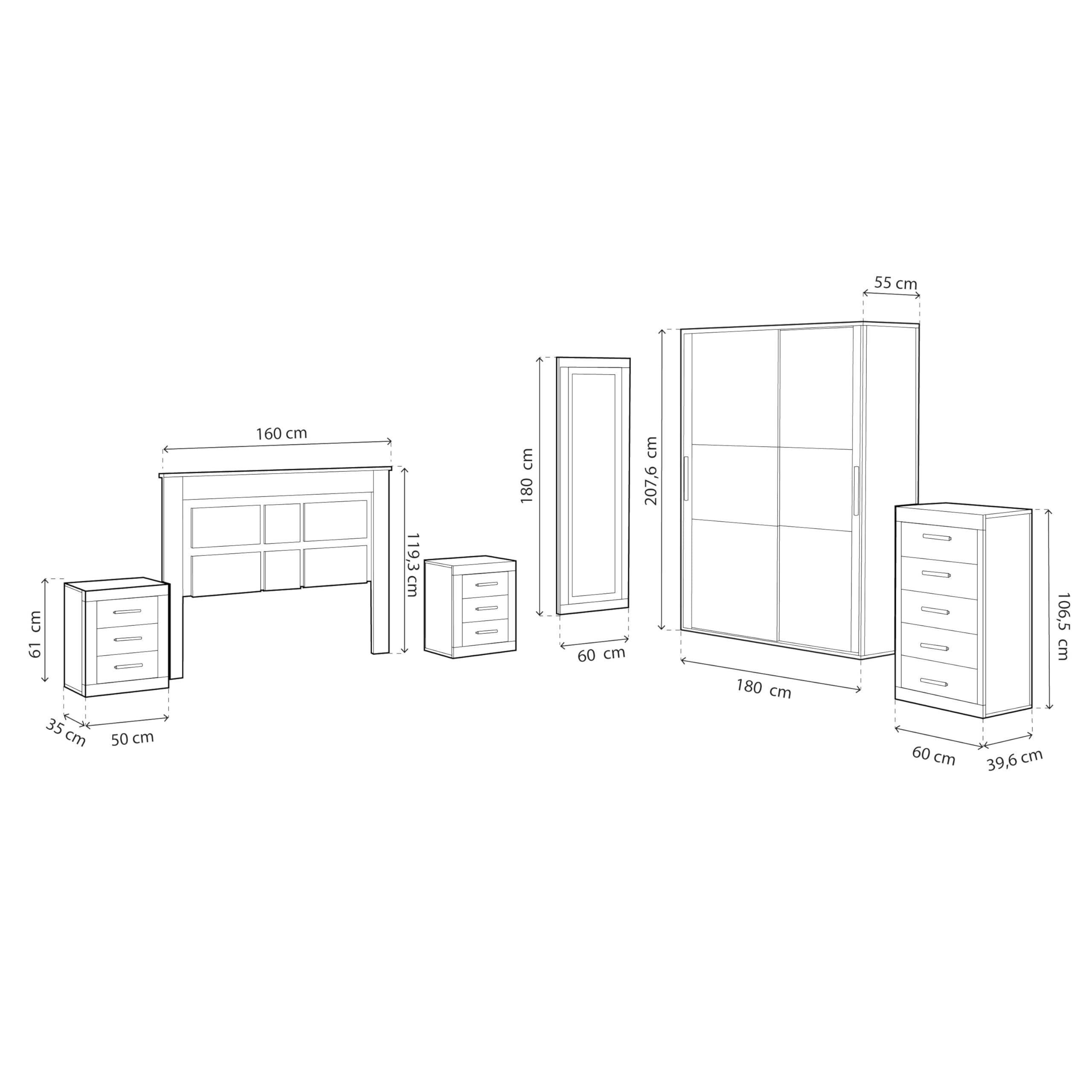 duehome | Pack de Dormitorio con Cabecero + 2 mesitas de Noche + Sinfonier + Espejo + Armario y Cajonera Interior, Dormitorio Completo, Modelo Kira 5c Plus, Acabado en Tofe y Textil