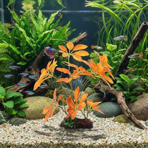 Image of JGbaby Artificial Aquarium Plants,Fish Tank Decorations Betta Leaf Hammock Driftwood 10in Realistic Silk & Plastic Plants, Hideout Decor for Betta. Goldfish,Reptiles,Small Tanks (YellowType-B)