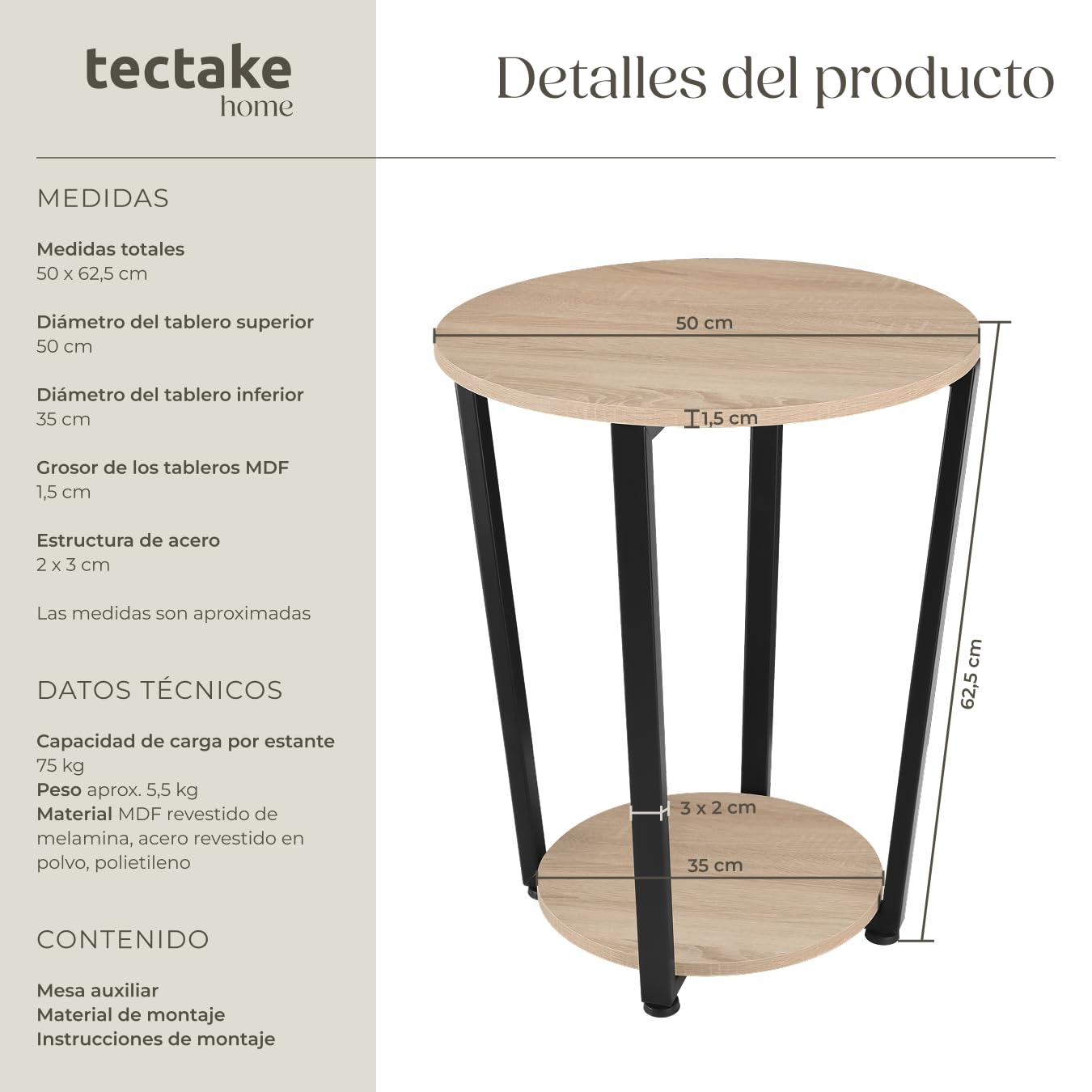 tectake® Mesa Auxiliar Redonda con Pies Ajustables, para Salon cómo Mesa de Centro o Dormitorio cómo Mesitas de Noche, Decoracion Hogar - 50 x 50 x 62,5 cm Madera Industrial Clara, Roble Sonoma