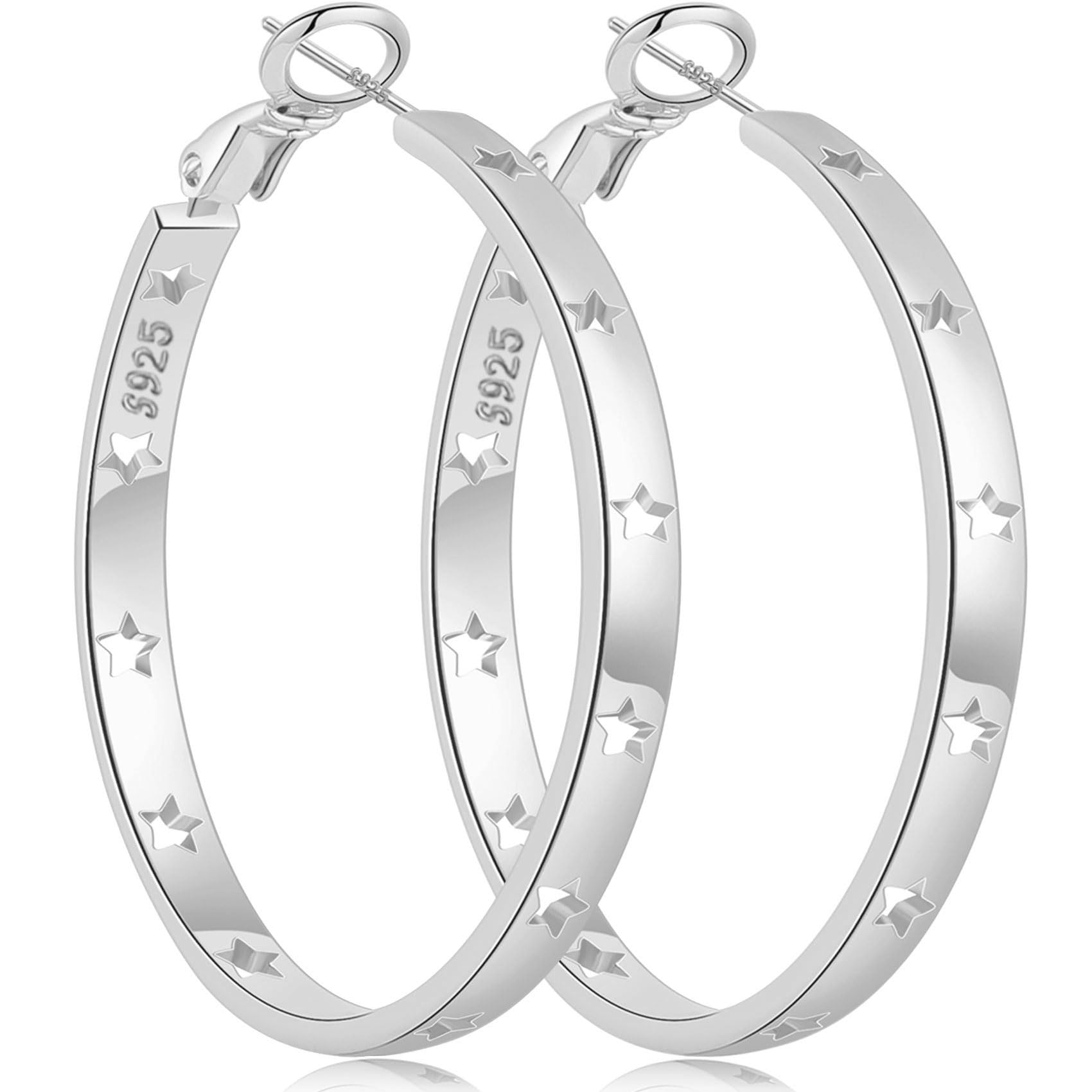 RANKEEF Pendientes de aro grandes de plata de ley 925 con estrella hueca para mujer, ligeros, chapados en oro de 14 quilates, hipoalergénicos, grandes pendientes de aro de plata