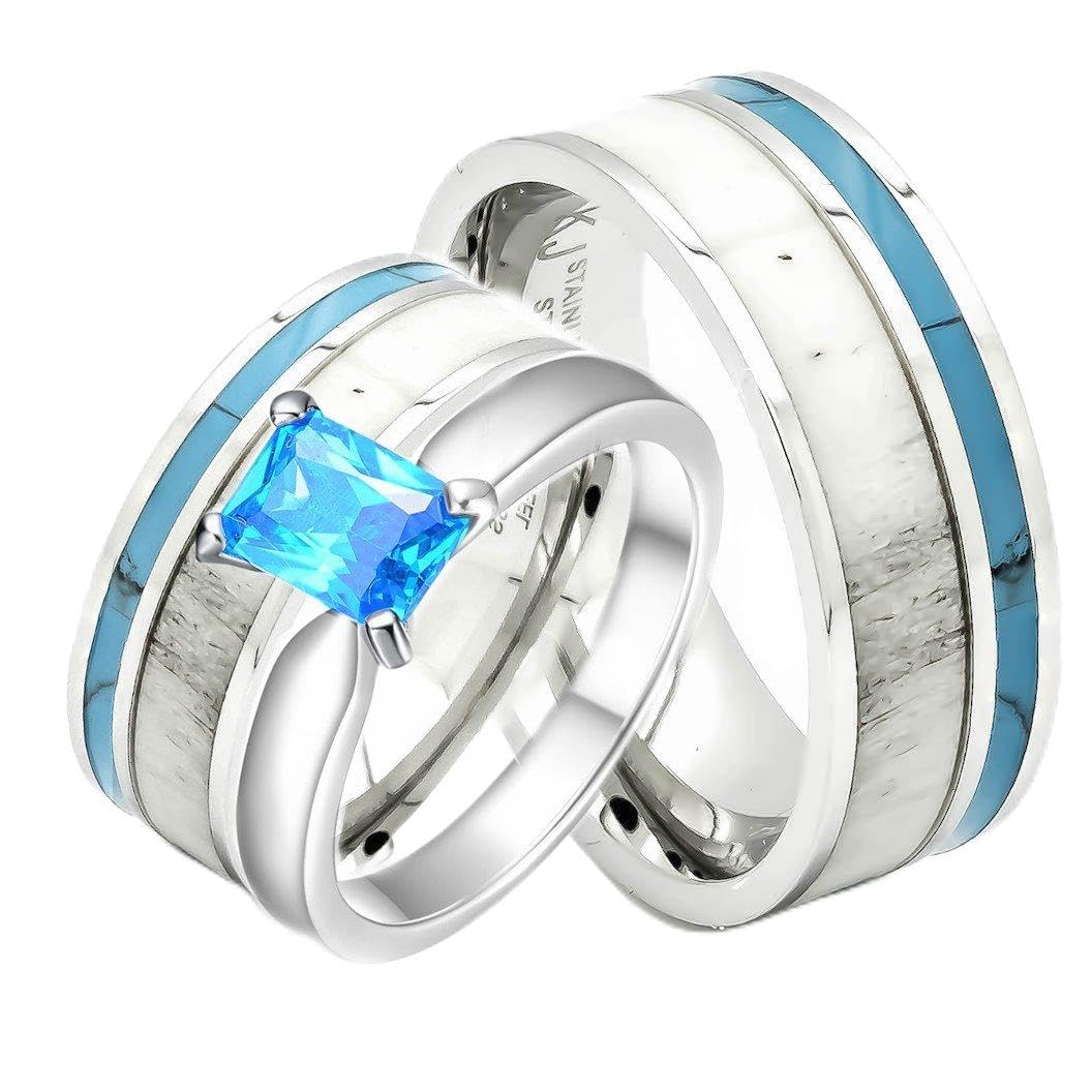 3 pc Natural Deer Antler Ring with Turquoise Inlay Set