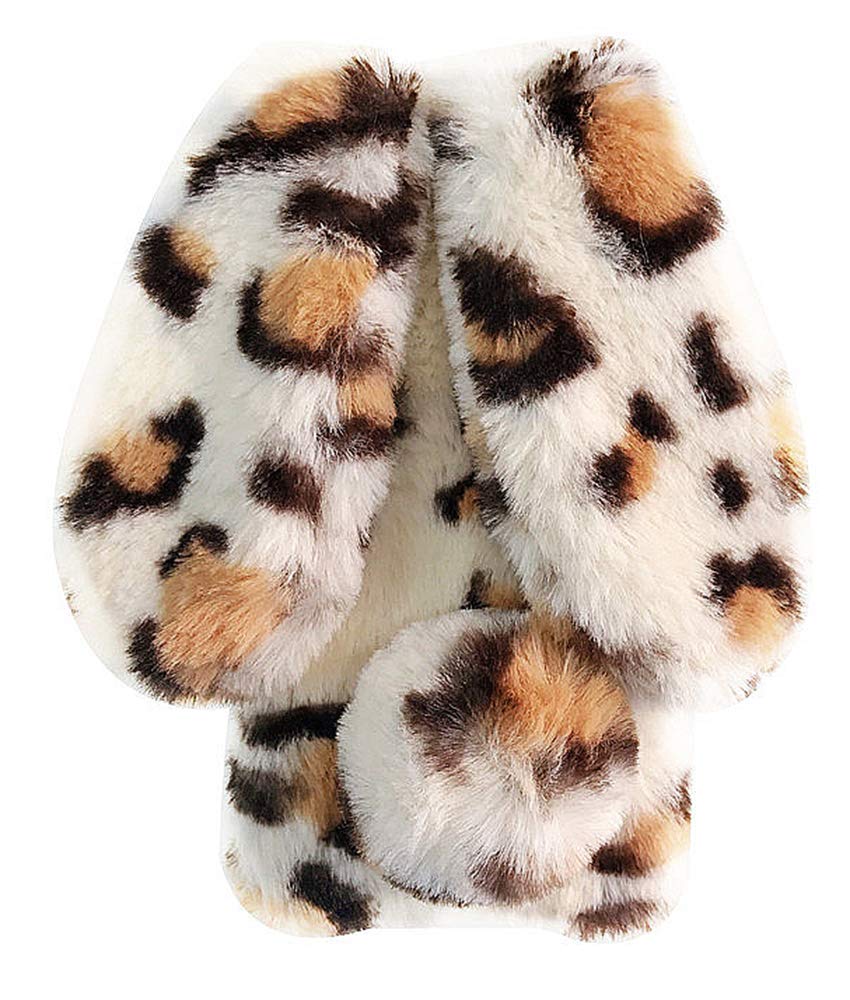 Cute Rabbit Case Plush Cover for iPhone XR Case Super Soft Warm Fluffy Furry Bunny Ears Shockproof Back Case Cover Chic Bling Crystal Diamond Bowknot Case -Yellow leopard