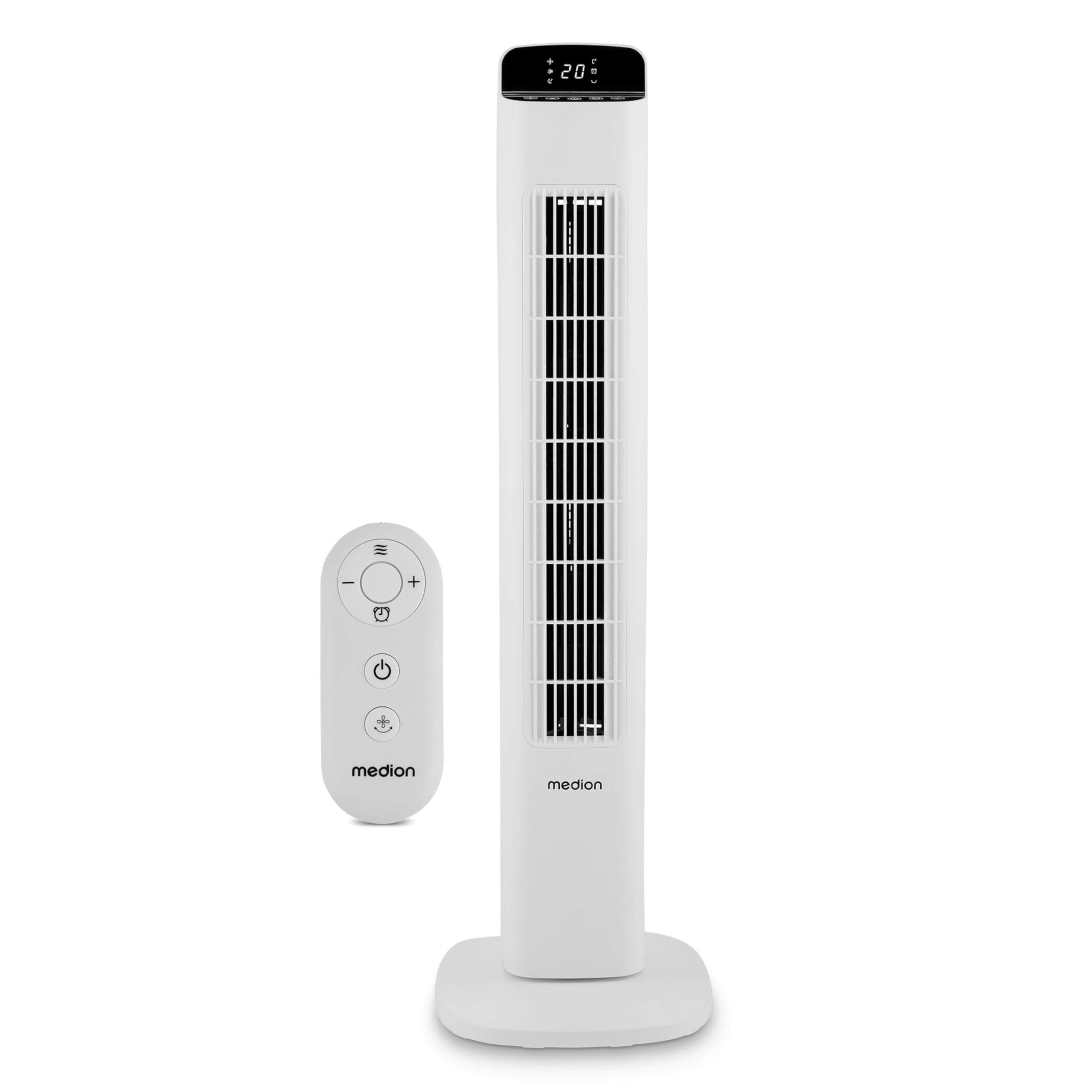 MEDION P15 TF Turmventilator mit Fernbedienung (5 Geschwindigkeitsstufen, leiser Schlafmodus, 45 Watt Leistung, Automatische 80° horizontale Oszillation, LED Display, MD10809) weiß