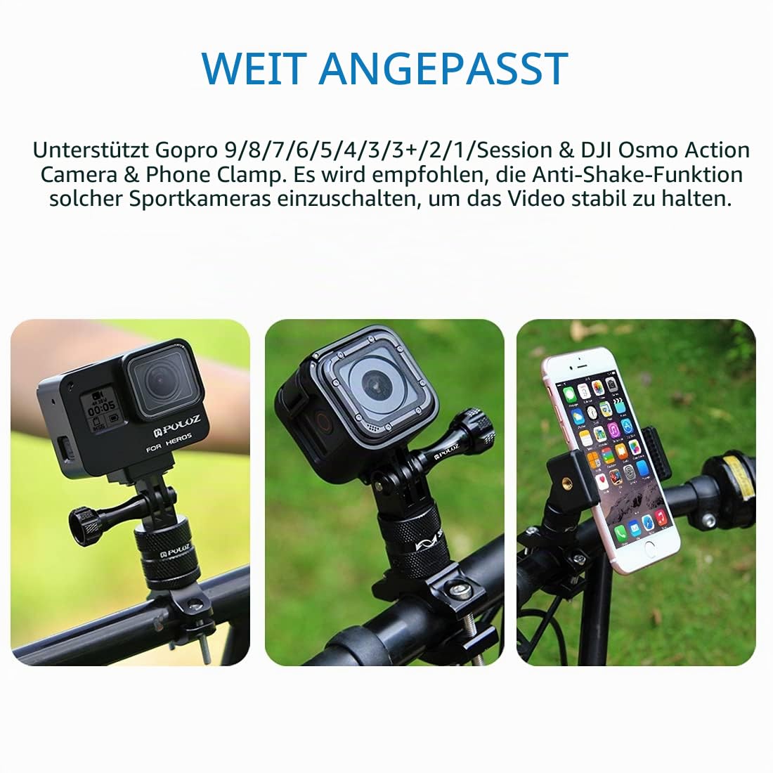PULUZ Action cam fahrradhalterung for Gopro Hero 12 11 10 9 8 7 & DJI OSMO & insta360 x3, 360 Grad Rotary Lenkerhalterung 360-Grad-Aluminiumlegierung zubehör Fahrrad Motorrad Halterung rohrklemme