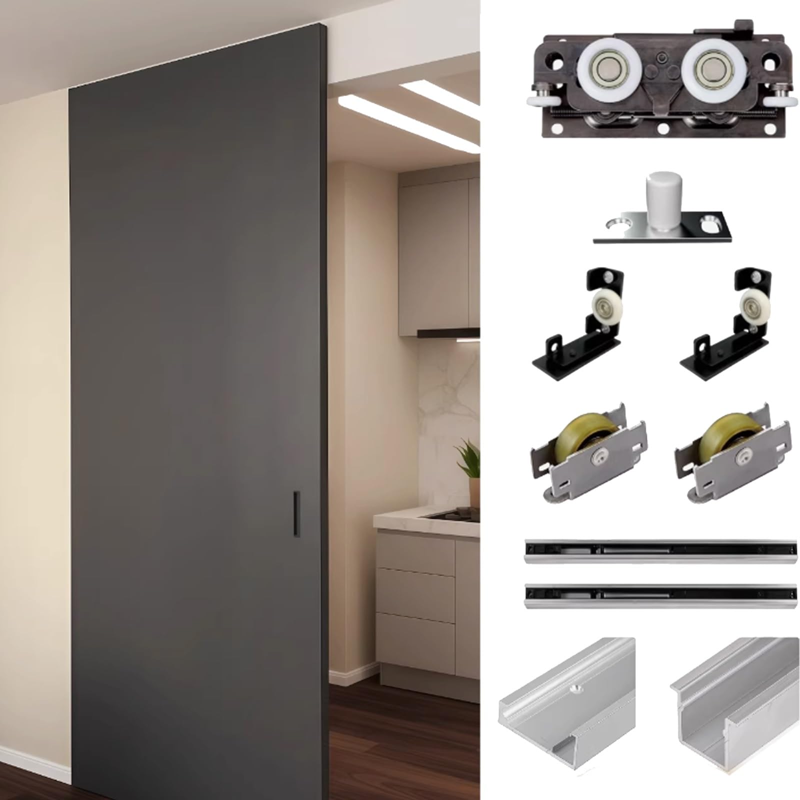 WLCGYD Concealed Barn Door Hardware Kit, Hidden Trackless Sliding Door Hardware with Soft Close Mechanism/Riel Para Puertas Corredizas, Floating Door Systems(56in/142.2cm)