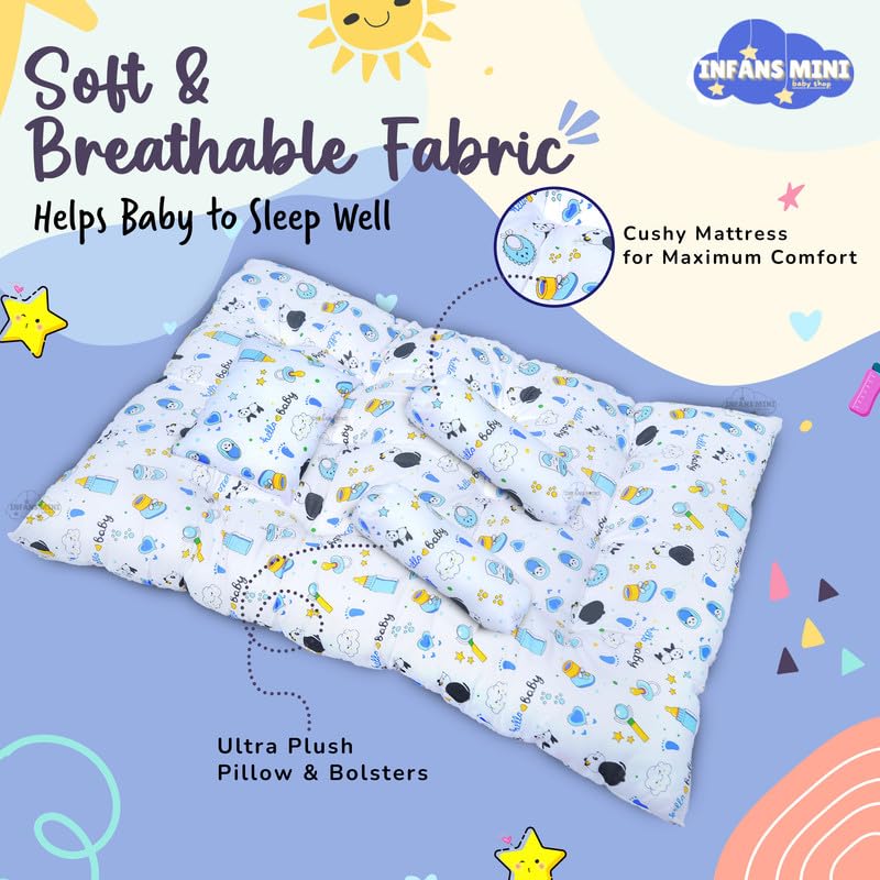 Image of Baby Sleeping Mattress Set Cotton with Bolsters & Pillow, for 0-12 Month Newborns-Unisex (Panda Blue)