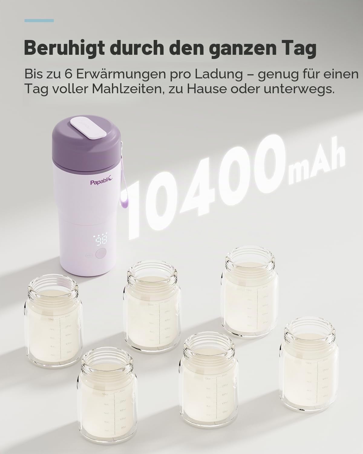 Papablic Tragbarer Flaschenwärmer für zu Hause und auf Reisen – 85 W schnelles Aufheizen, 4 Temperatureinstellungen, 6 Feeds pro Ladung, 7,6 cm breite Öffnung, passend für Auto-Becherhalter