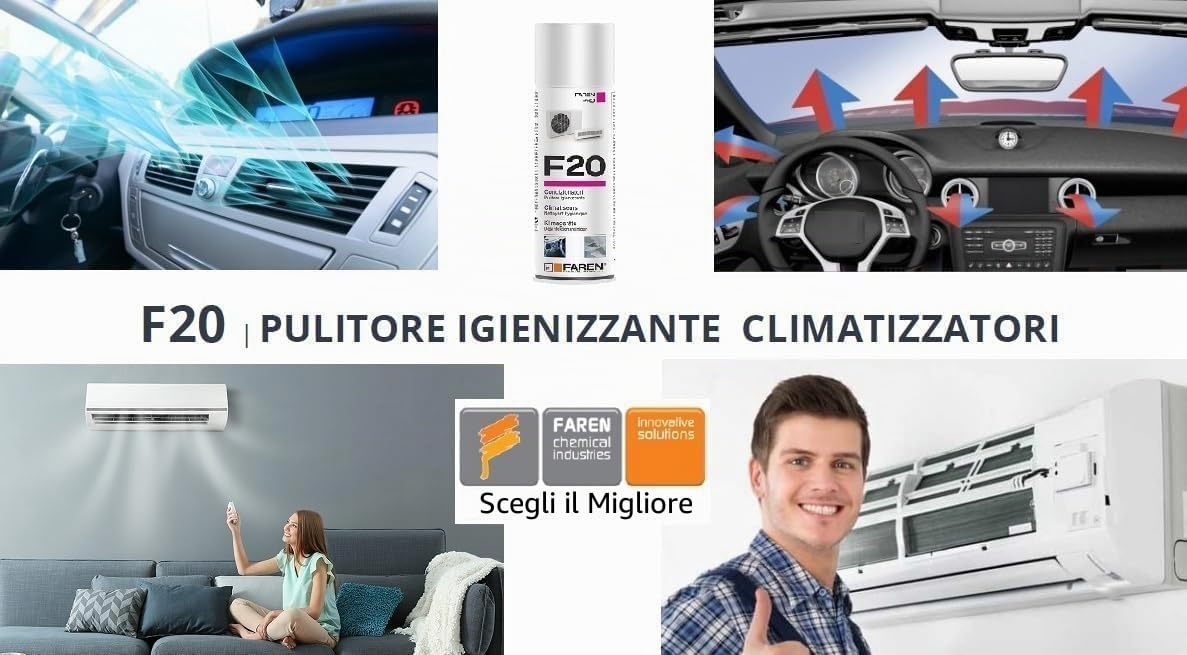F20 Pulitore, Igienizzante Spray per Climatizzatori di Casa e Auto, gradevolmente profumato a base alcolica, Confezione da 12 Bombolette spray da 400ml