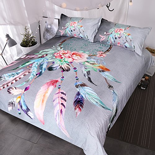 BlessLiving Big Dreamcatcher Colors Bedding, 3 Piece Dream Catcher Duvet Cover Set, Boho Doona Cover Native American Bed Set Indian Hippie Bedspread Coverlet (Queen, Light Gray)