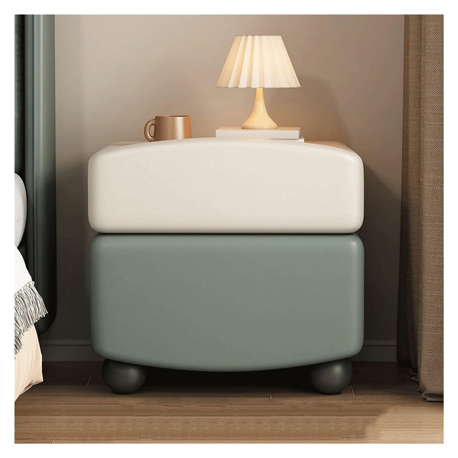 SXZenSpace Lightweight Nightstands Solid Wood Bedside Cabinet with 2 Drawers,Bedside Table Small Leather Side Borderless Handle End Table(Beige+Green,45cm/17.7 in)