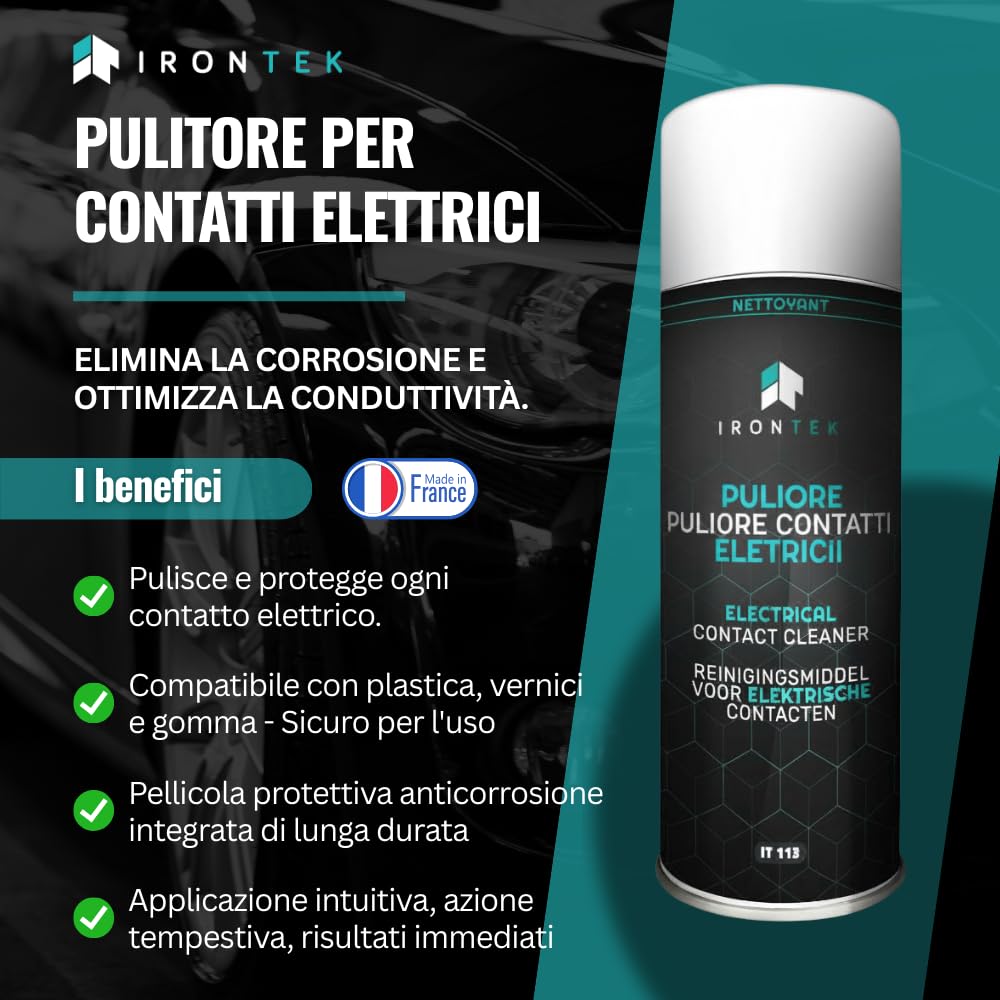 Spray Pulitore Contatti Elettrici - IRONTEK - 400ml | IT113 | Elimina Corrosione e umidità | Film Protettivo | Migliora Conduttività