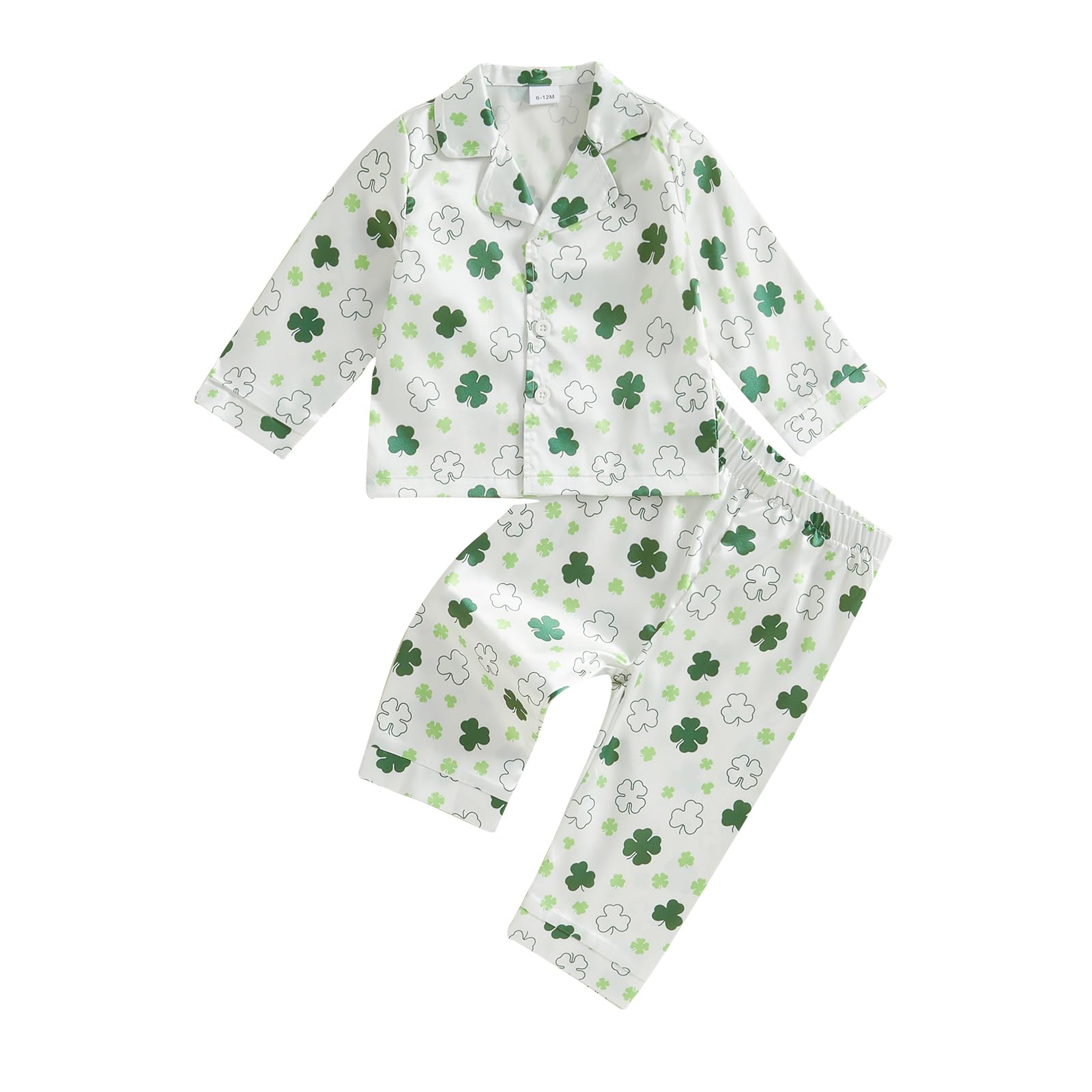 Nokpsedcb Toddler Boy Girl St Patricks Day Pajamas Set Cute Button Down Shamrock Print Shirt Long Pants Kids Sleepwear (White Shamrock, 3-4 Years)