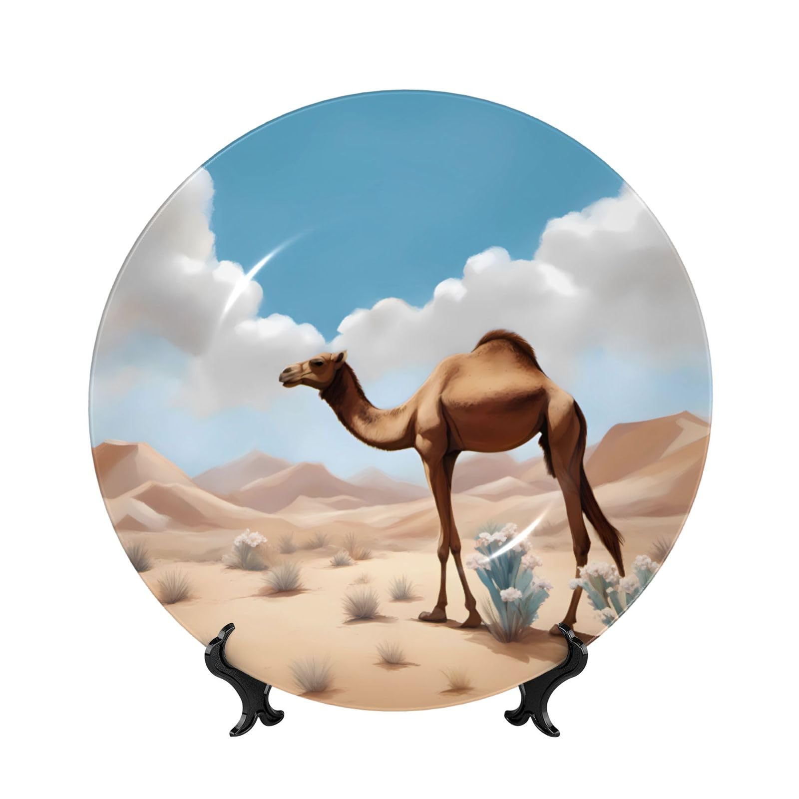 SXZVVBN Walking camel Bone China Decorative Plate Art with Stand Removable Adhesive Hanging for Home Office 6in（15cm）
