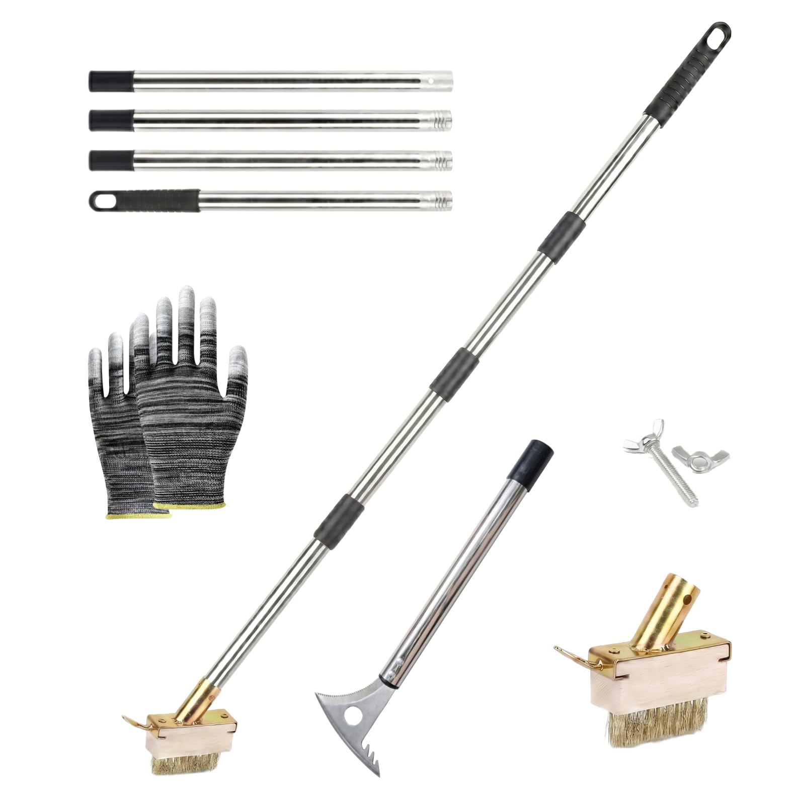 Kosmoflux Weed Remover Tool for Block Paving, 1-Sec Quick Release Weeding Tool with 63" Long Handle, 4-in-1 Scraper Axe & Metal Wire Brush Set for Garden Patio Driveway Crack Moss Removal