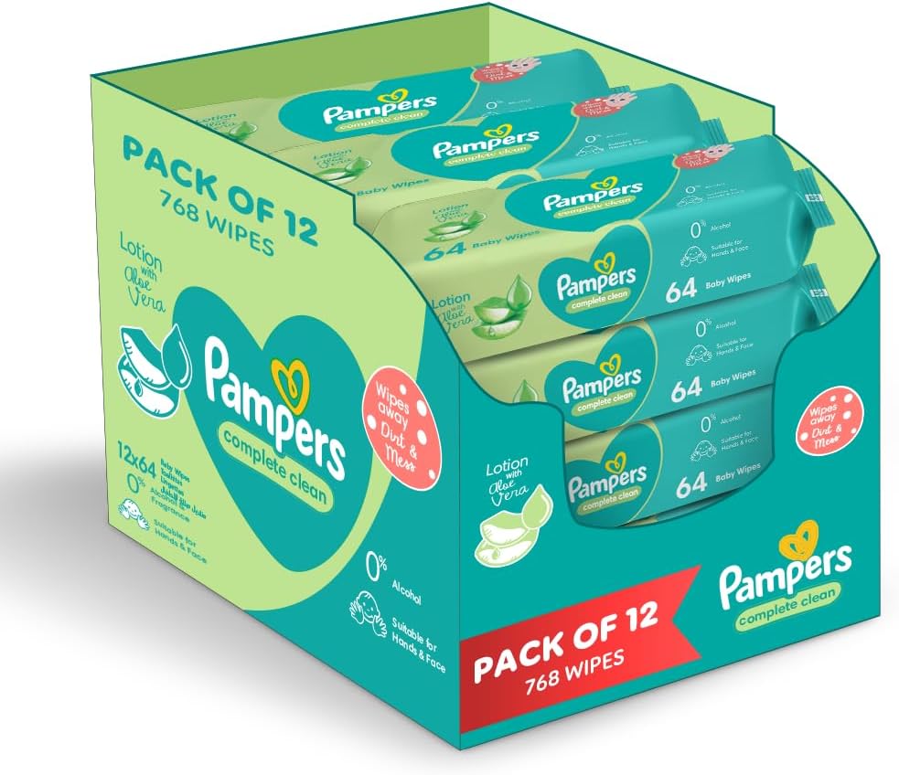 Complete Clean Baby Wipes with Aloe Vera Lotion for Hands & Face, 12 Packs, 768 Count (Item packing may vary)