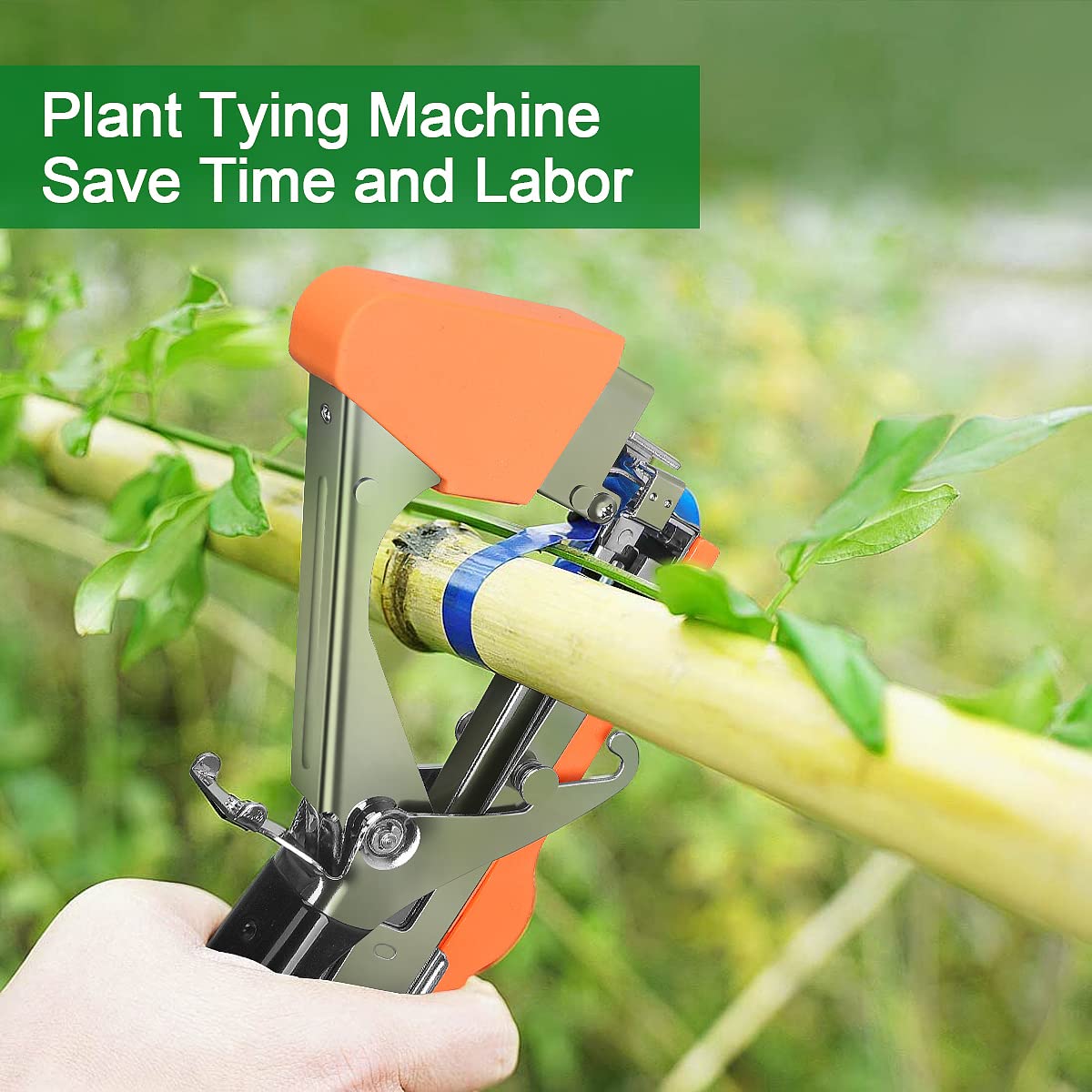 Plant Tying Machine With Tape & Staples – Tool For Grapes, Tomatoes, Vining Vegetables (Orange)