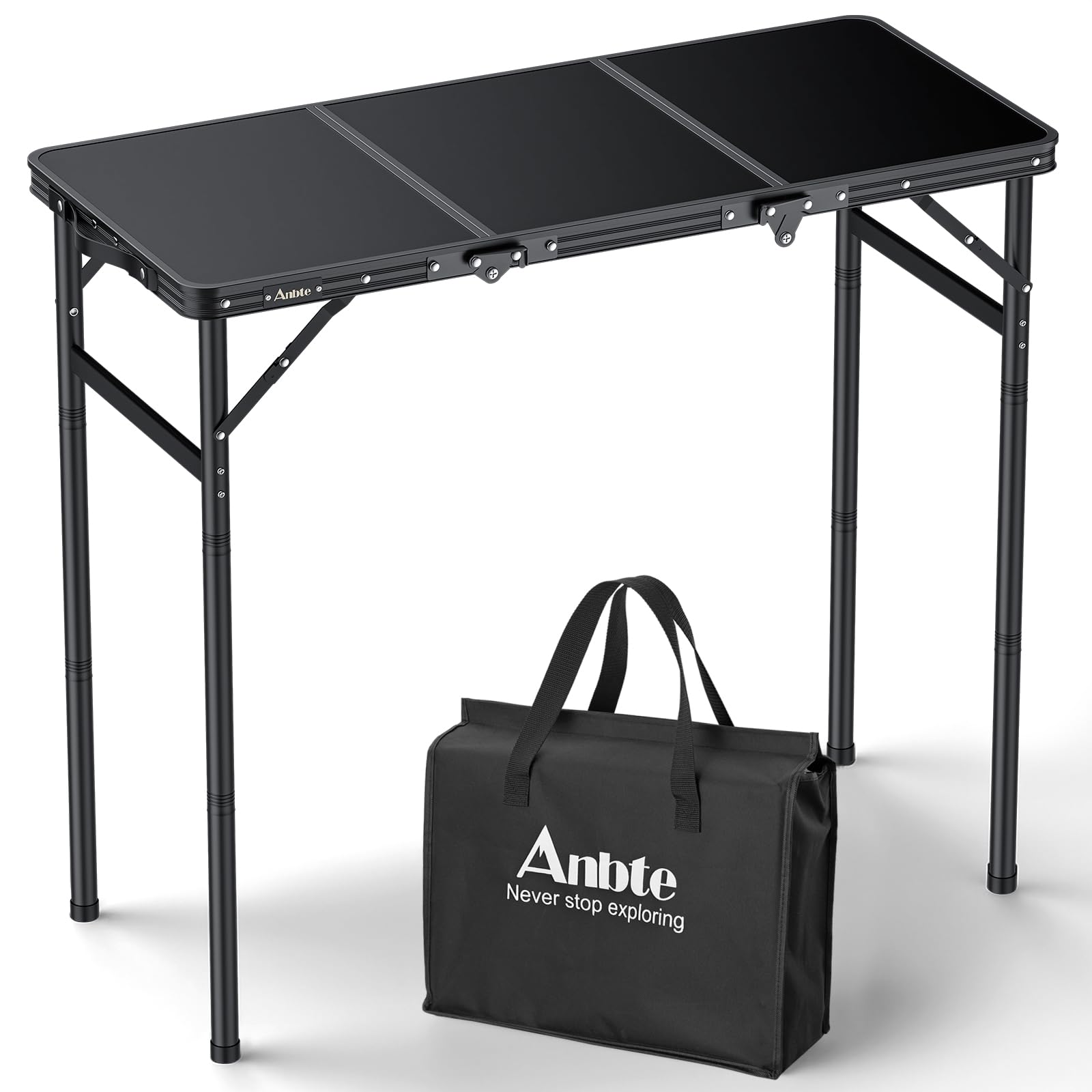 Anbte Table de Camping Pliante 90 x 40 cm avec 3 Hauteurs Réglables Jusqu’à 74,7 cm, Table d’Appoint Stable en Aluminium avec Plateau MDF, Charge 30 kg, Portable pour Camping, Pique-Nique et Jardin