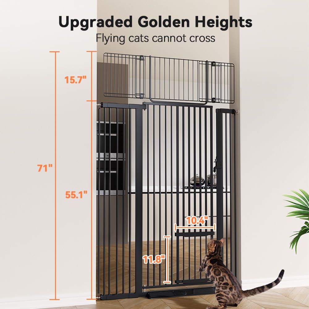 COMOMY 180 cm Extra Hoch Türgitter Katze/Hund, 75-110 cm Extra Breit Türschutzgitter mit Verstellbarer Katzenklappe, Tierschutzgitter Ohne Bohren für Treppen, Türen, Küche (Schwarz)