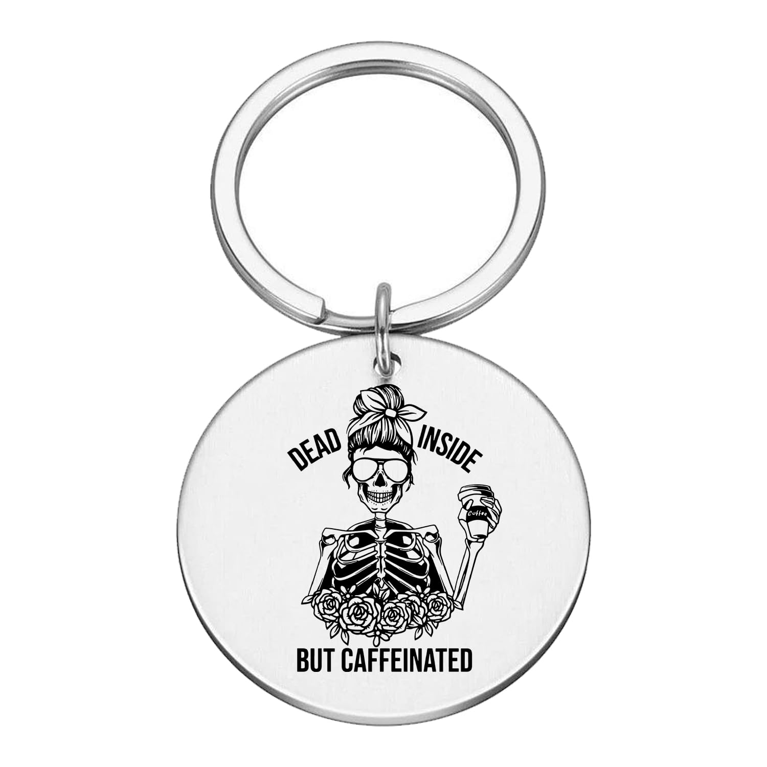 Dead Inside But Caffeinated Keychain, Funny Coffee Keyring, Gift for friend,keyring for her, Gifts for him #K65, Silver, M