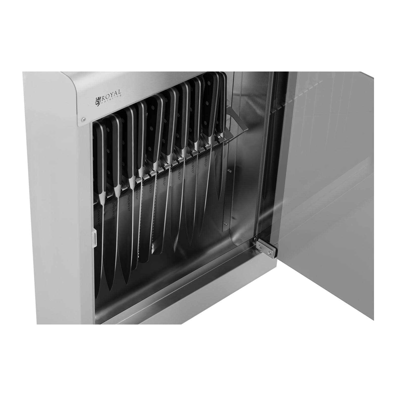 Royal Catering Stérilisateur UV Pour Couteaux Armoire De stérilisation Ultraviolet Lumière Ultraviolette RC-KSSS501 (Pour 20 Couteaux, 8 W, Boitier en Inox, Porte en Verre Acrylique, Minuterie 60 min)
