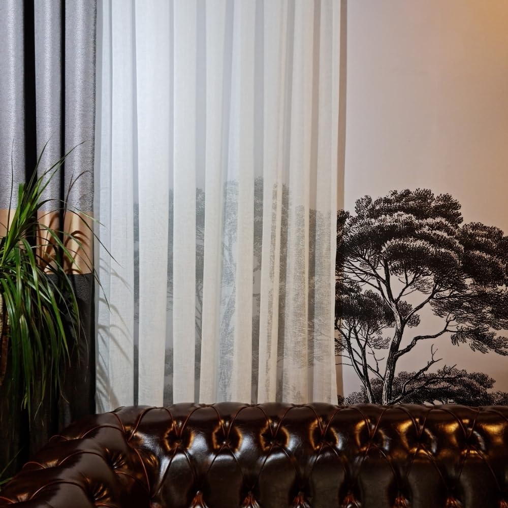 GARDINESTAN JUNG CFO GmbH Rideaux blancs aspect lin semi-transparent avec galon fronceur et bande de plomb pour salon et chambre à coucher (210 x 200 cm (H x l)