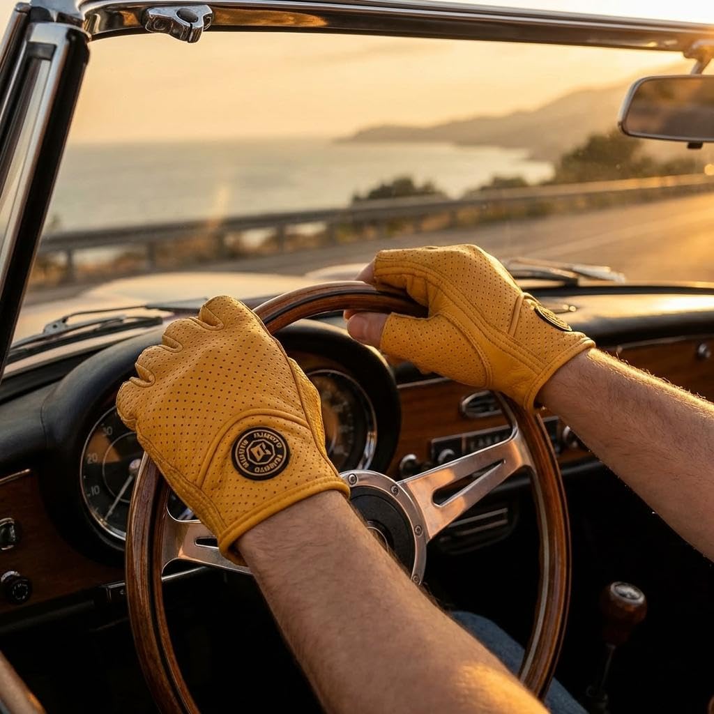 Guantes retro de medio dedo de piel amarilla con perforaciones transpirables y agarre antideslizante, cierre de velcro, unisex