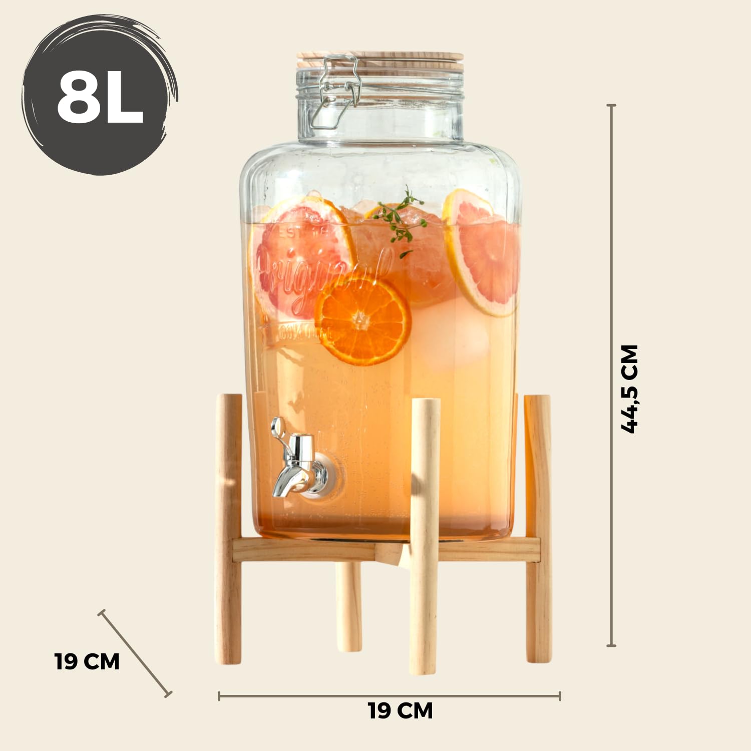 Distributeur Boisson avec Support et Robinet 8 L - Fontaine à Eau et Cocktail - Bol à Punch - Jarre en Verre pour Limonades - Bonbonne - Bocal pour Sublimez vos Fêtes et Anniversaires