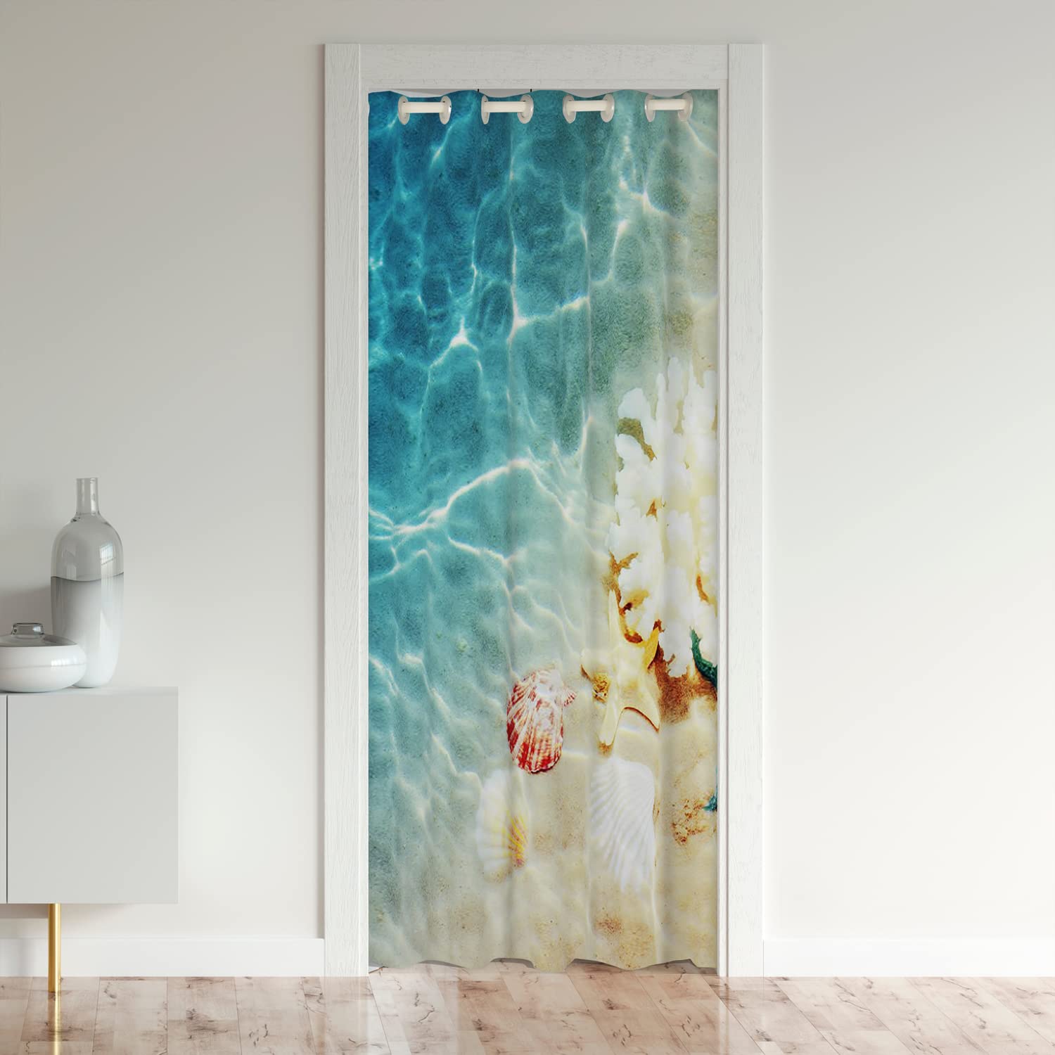 Ocean Door Curtain for Doorways Privacy, Beach Coastal Nature Theme Blackout Curtain, Hawaiian Door Drapes, Sea Wave Animals Starfish Door Window Curtain for Closet, Teal Blue (1 Panel, 59"W X 80"L)