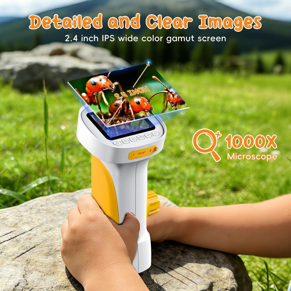 1000X Microscopio Bambini, Temodu Microscopio Digitale Bambini da 2.4‘’, con 8 luci LED Regolabili, può essere utilizzato come regalo di compleanno o di Natale 3 agli (White+Yellow)