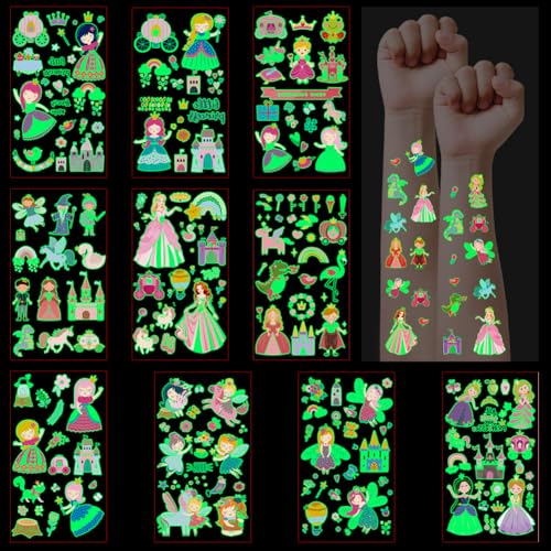 DiULi Tatuagens temporárias para crianças, 10 folhas luminosas tatuagens temporárias, impermeáveis, autocolantes de tatuagem infantis, decalques menina para preenchimento ananás aniversário, escola
