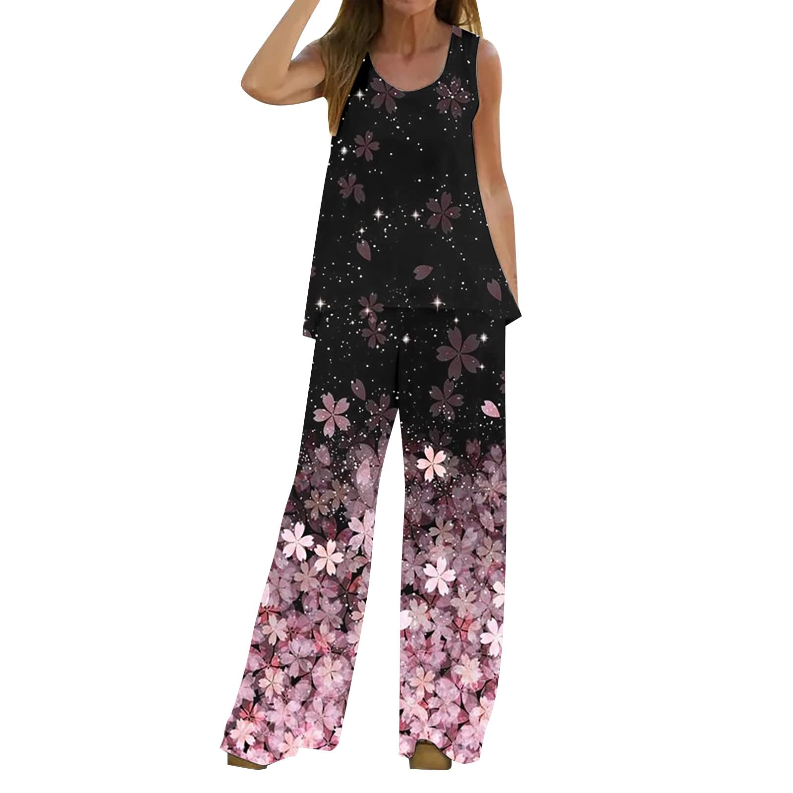 LZPCarra Traje de pantalón elegante de 2 piezas para mujer, elegante sin mangas, cintura alta, traje de pantalón estampado, conjunto de 2 piezas, juego de cóctel, fiesta, traje de pantalones de gasa, cintura