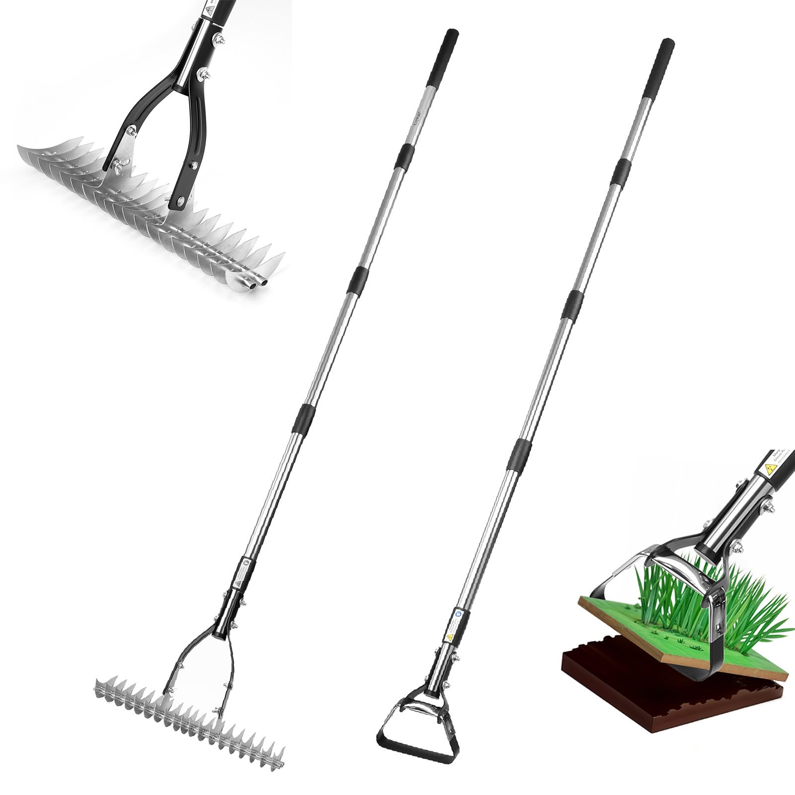 Thatch Rake, 2-in-1 Garden Thatch Lawn Rake & Oscillating Stirrup Hoe Weeder | Long Handle Lawn Rake for Thatch Removal, Weeding & Soil Cultivation | Heavy-Duty Garden Tool for Lawn & Soil Care