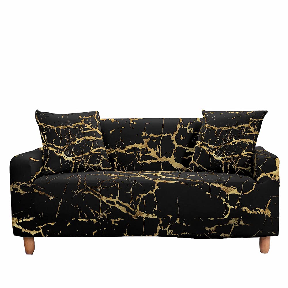 Fansu Stretch Slipcover Sofa Cover, Universal Settee Loveseat Couch Covers Non Slip Elastic Sofa Covers, 3D Marbling Print Soft Removable Washable Pet Furniture Protector (Black gold,1 Seater)