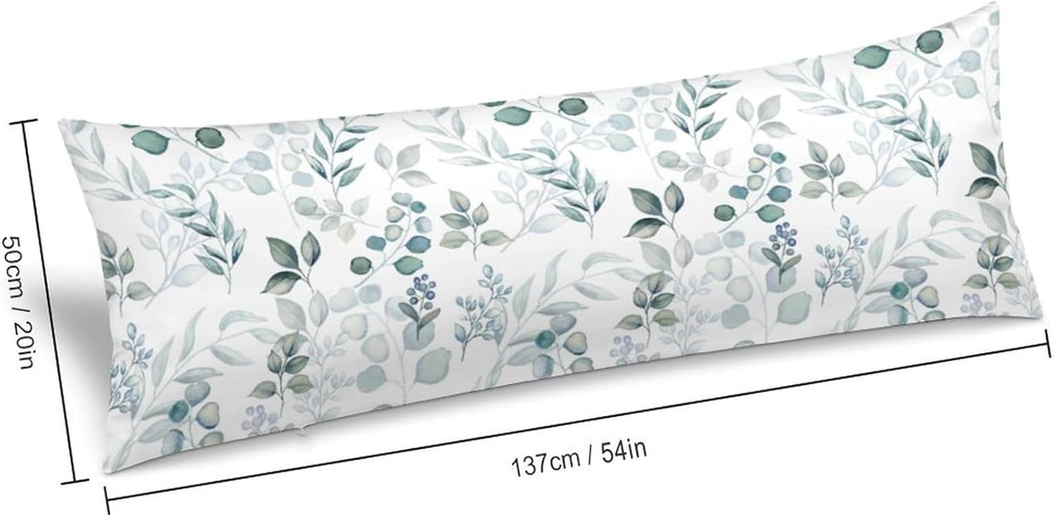 Sage Green Body Pillow Case with Zipper 20x54 Inch | Green Eucalyptus Leaves Rectangle Pillowcase Spring Floral Soft Pillow Cover Decorative Long Pillow Covers for Bed Sofa Couch