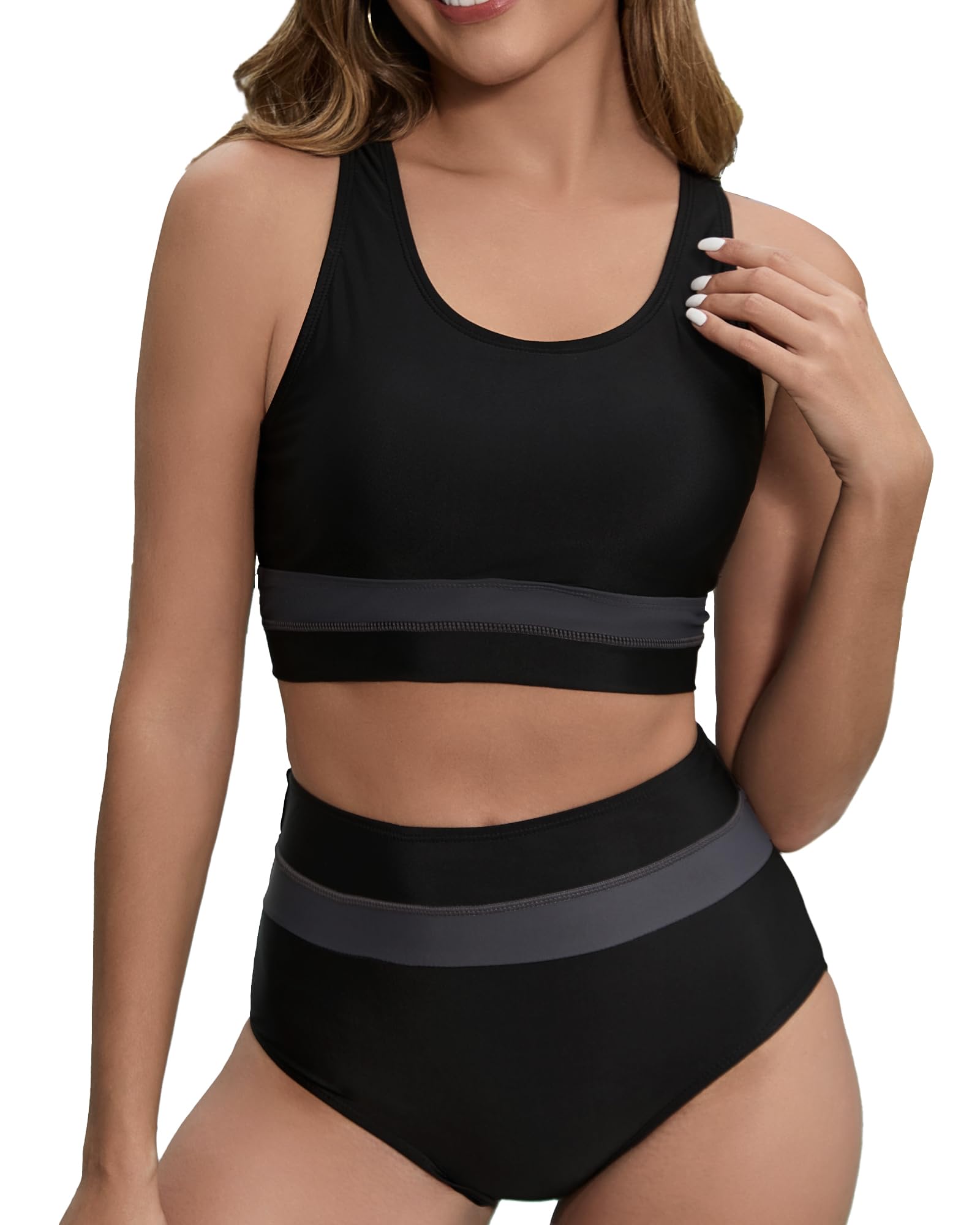 Dipinon Women's High Waisted Bikini Sets Two Piece Swimsuit Color Block Sporty Athletic Moderate Coverage Bathing Suits