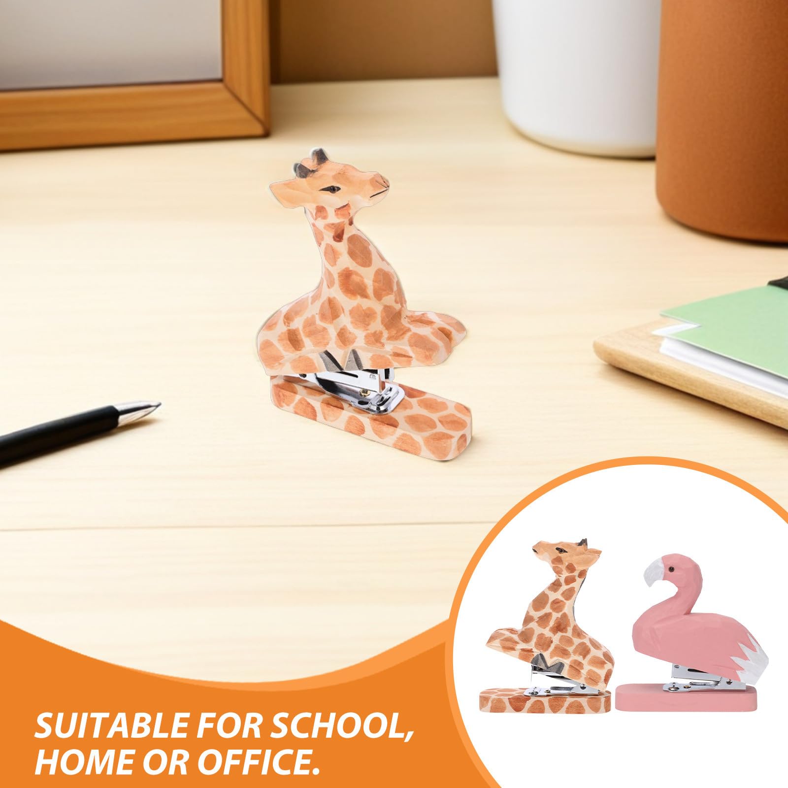 EXCEART 2 mini cucitrici - cucitrice in legno a forma di fenicottero e giraffa - mini pinzatrice compatta per ufficio, scrivania, aula, cancelleria kawaii