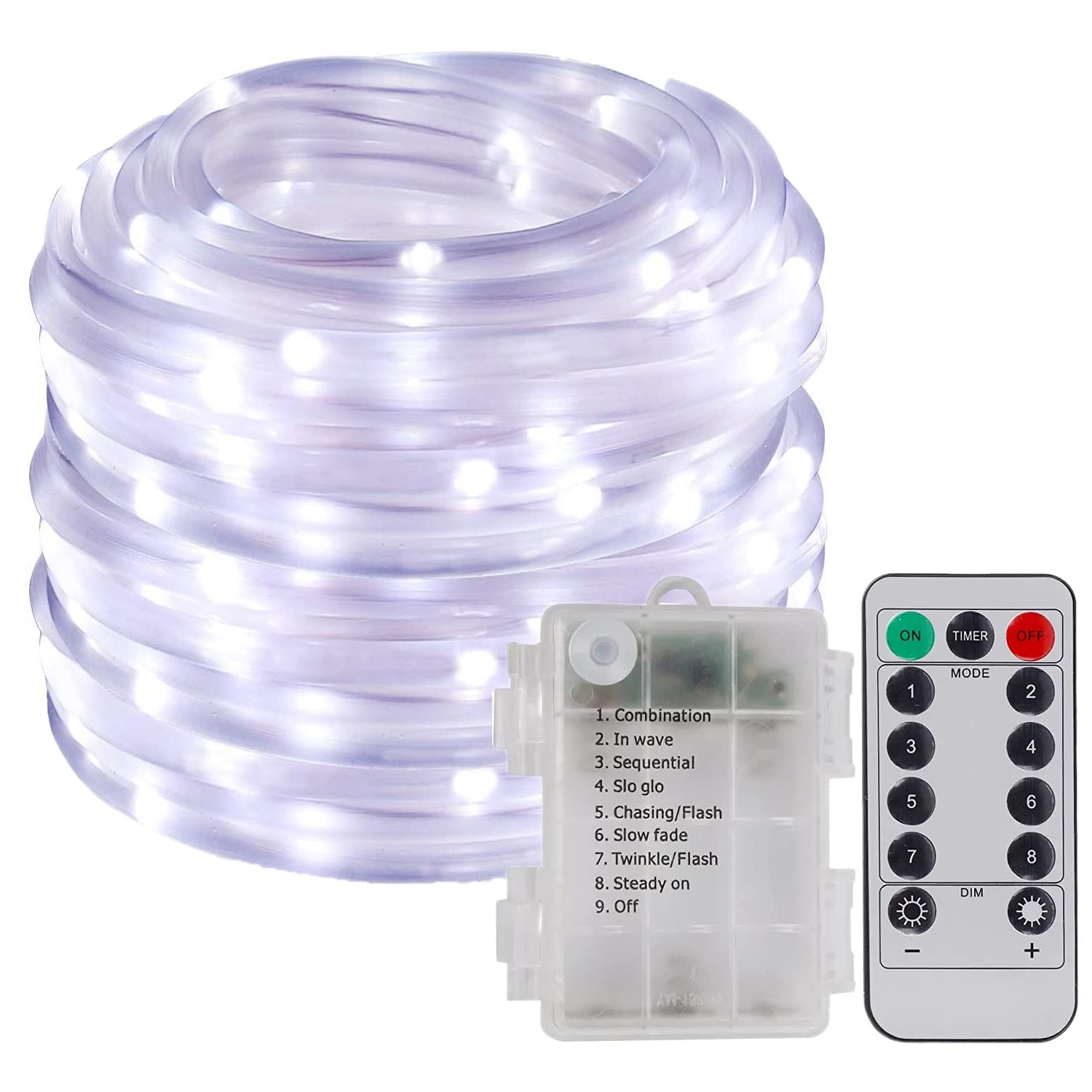 KINGCOO 200LED Battery Operated Rope Lights, Waterproof 20M 8Modes Copper Wire Strip Tube Hanging Fairy Lights Remote Timer for Indoor Outdoor Garden Wedding Party Christmas Decoration(Cool White)
