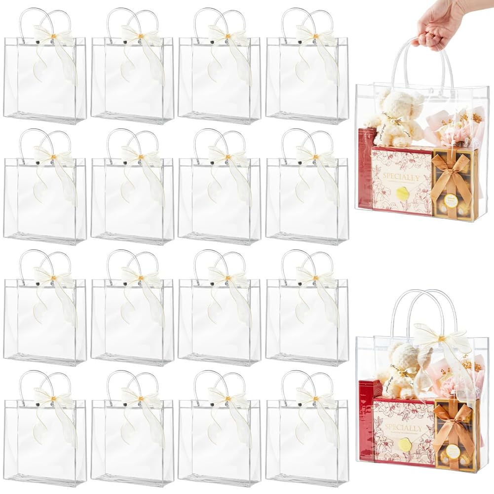 GreatRise 30 przezroczystych torebek na prezenty z uchwytami, PCW, przezroczyste torebki z tworzywa sztucznego, na prezenty, do pakowania, na wesele, urodziny, 25 x 7 x 25 cm