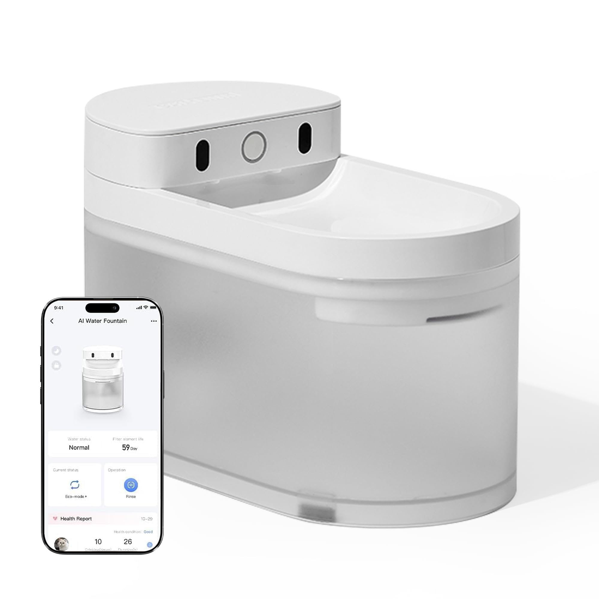 CATLINK Fuente automática para gatos, 2300 ml | Control de aplicación, batería de 5000 mAh, informe de salud, filtro fino, 30 dB silencioso, riego por goteo