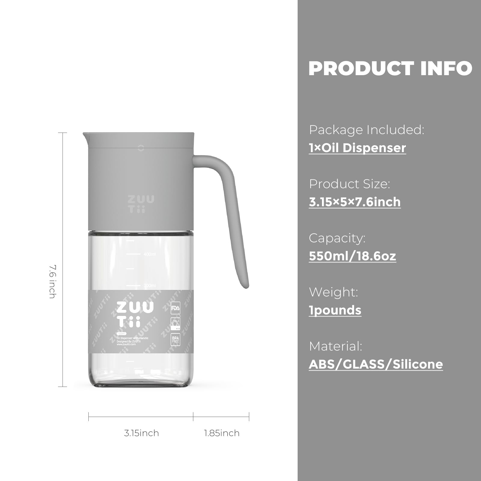 Zuutii Botella dispensadora de aceite de oliva de 18 onzas – Botella de vinagre de vidrio con boquilla antigoteo para cocina, dispensador de aceite y salsa, color gris