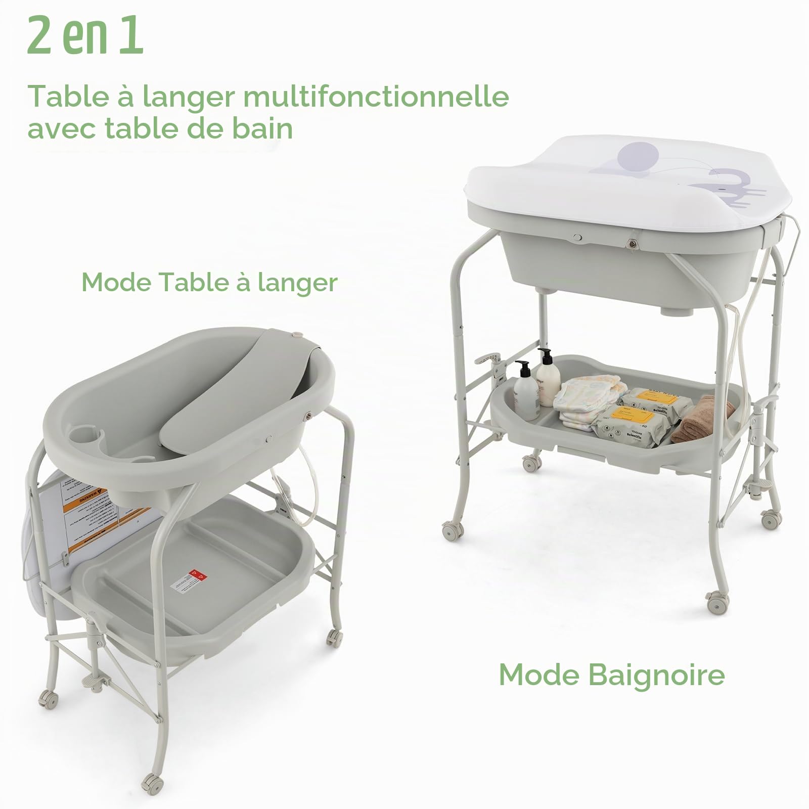 LIFEZEAL Table à Langer Baignoire Pliable PP+PVC, Commode à Langer Bébé avec Etagère de Rangement et Roues Universelles, Tube de Fer, Charge de 35 kg, 0-12 mois (Gris clair)