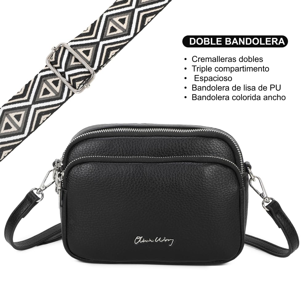 Bolso bandolera mujer pequeño de cuero PU tres compartimentos y dos bandoleras, bolso mensajero para cruzar polipiel regalo original para mujer