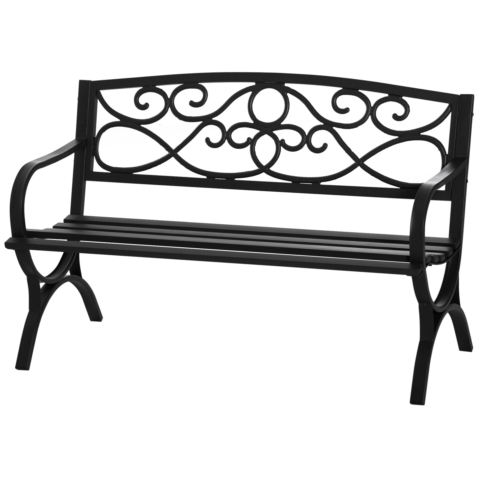 Outsunny Banc de Jardin 2 Places Banquette extérieur terrasse Patio Dossier incliné Assise à Lattes accoudoirs Confortables châssis Acier Fonte 128 x 58,5 x 85 cm Noir